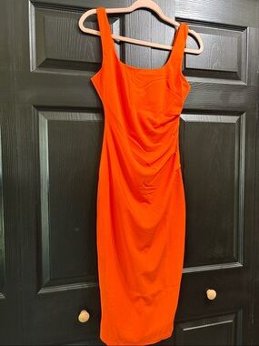 Sleek Orange Midi Sheath Dress with Side Ruching